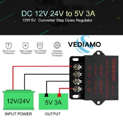 Convertisseur de puissance DC 12V 24V à 5V 3A 15W, régulateur, transformateur, convertisseur, accessoires, outils, cadeaux 
