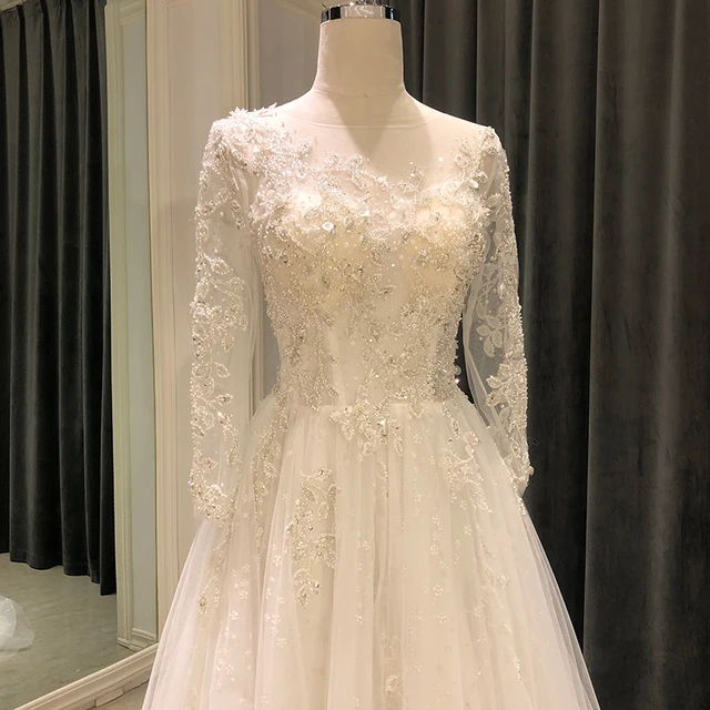 SL-7112 new design wedding dress long sleeve 2021 beads lace illusion neck crystal bridal wedding dress tulle vintage bride gown 3