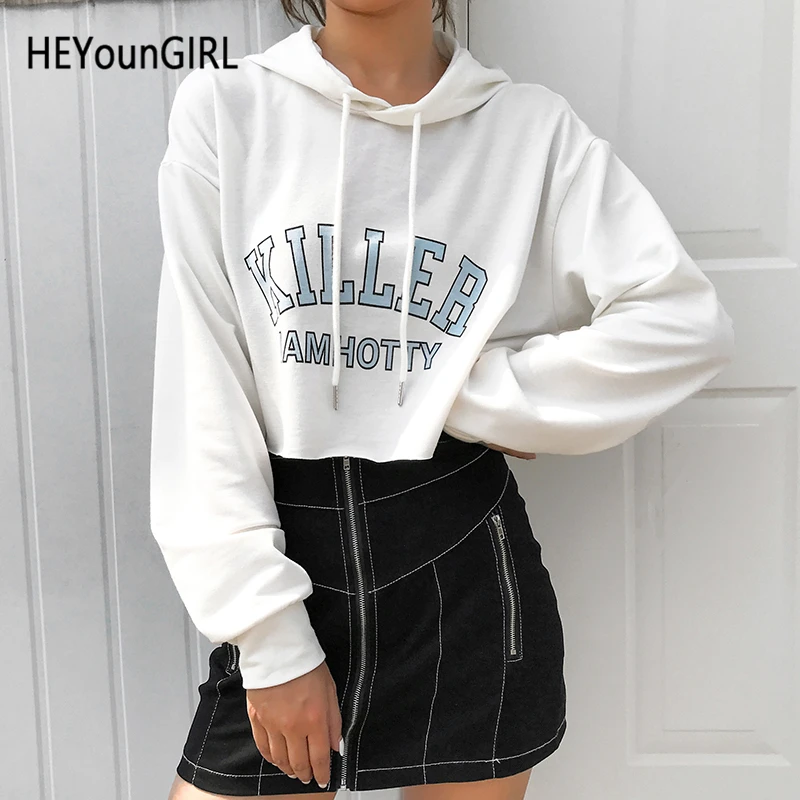 HEYounGIRL с принтом, повседневная, Свободная Толстовка Женская Harajuku белая укороченная Толстовка Для женщин толстовки с капюшоном и длинными рукавами пуловер осень-зима