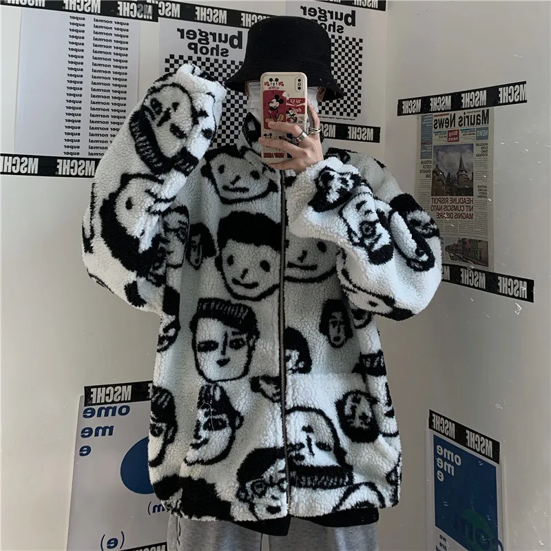 Korean Winter New Harajuku Lazy BF Style Coat Cute Cartoons Printing Full Sleeve Jacket Lambswool Keep Warm Zipper Outerwear wallet stand design pattern printing cross texture leather case shell for oneplus 9 pro keep calm and sparkle