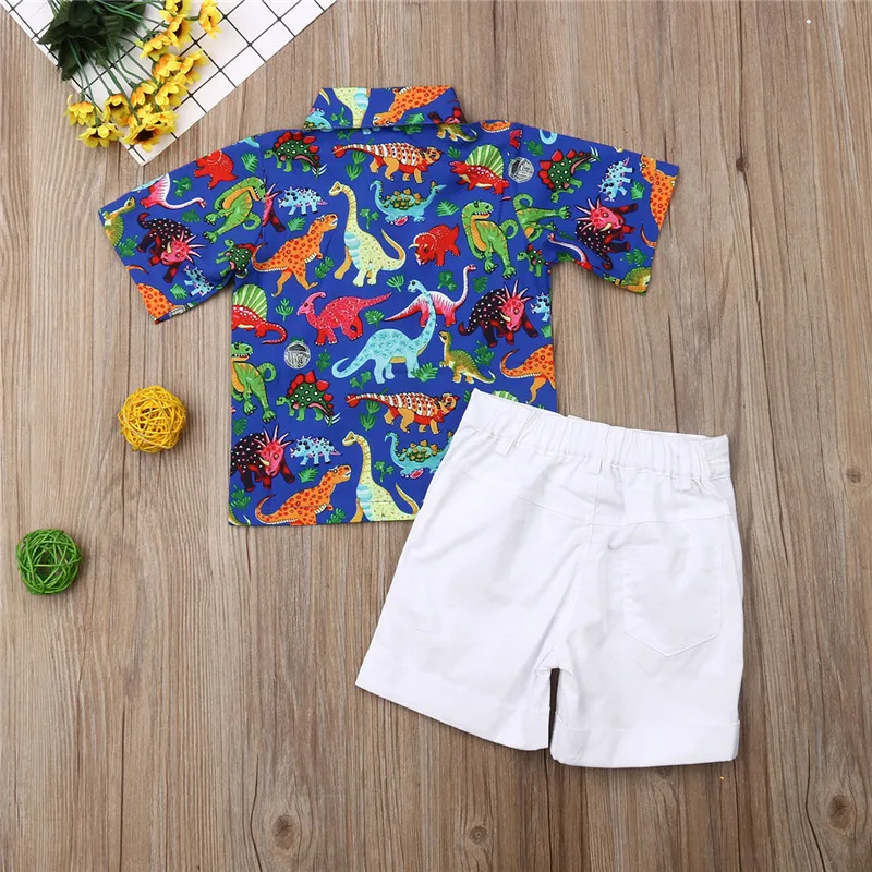 2-7T 2pcs Boys Clothes Set Cute Animal Dinosaur Print Shirt Boys Tops White Short Pant Boys Toddler Outfit Children Clothing Set