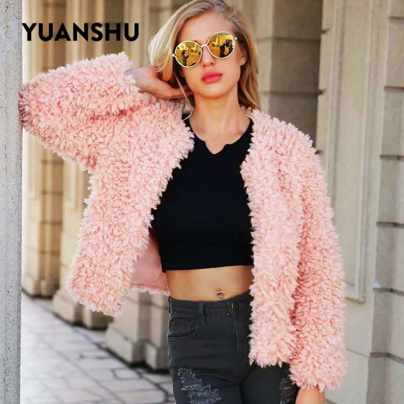 YUANSHU 2019 зимнее кудрявое пальто из искусственного меха теплая женская розовая