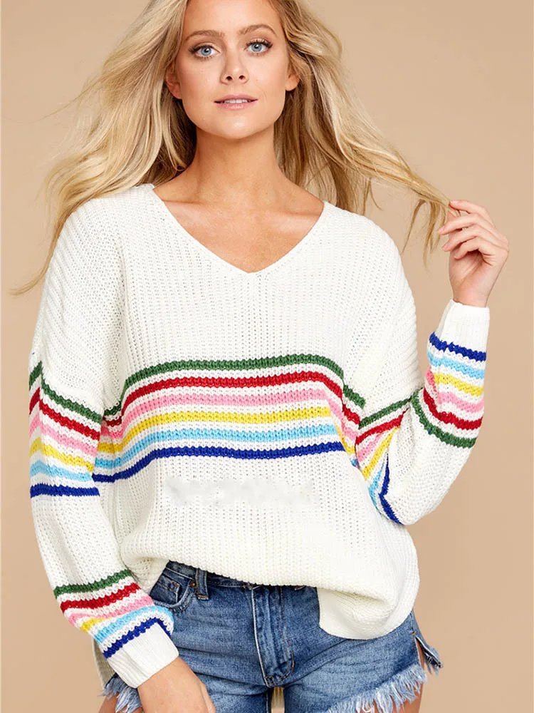 

Aesthetic Pullovers Casual Loose Coat V-Neck Striped Women Sweatshirts Plus Size Cotton Fashion Worsted Long Sleeve Warm 2019