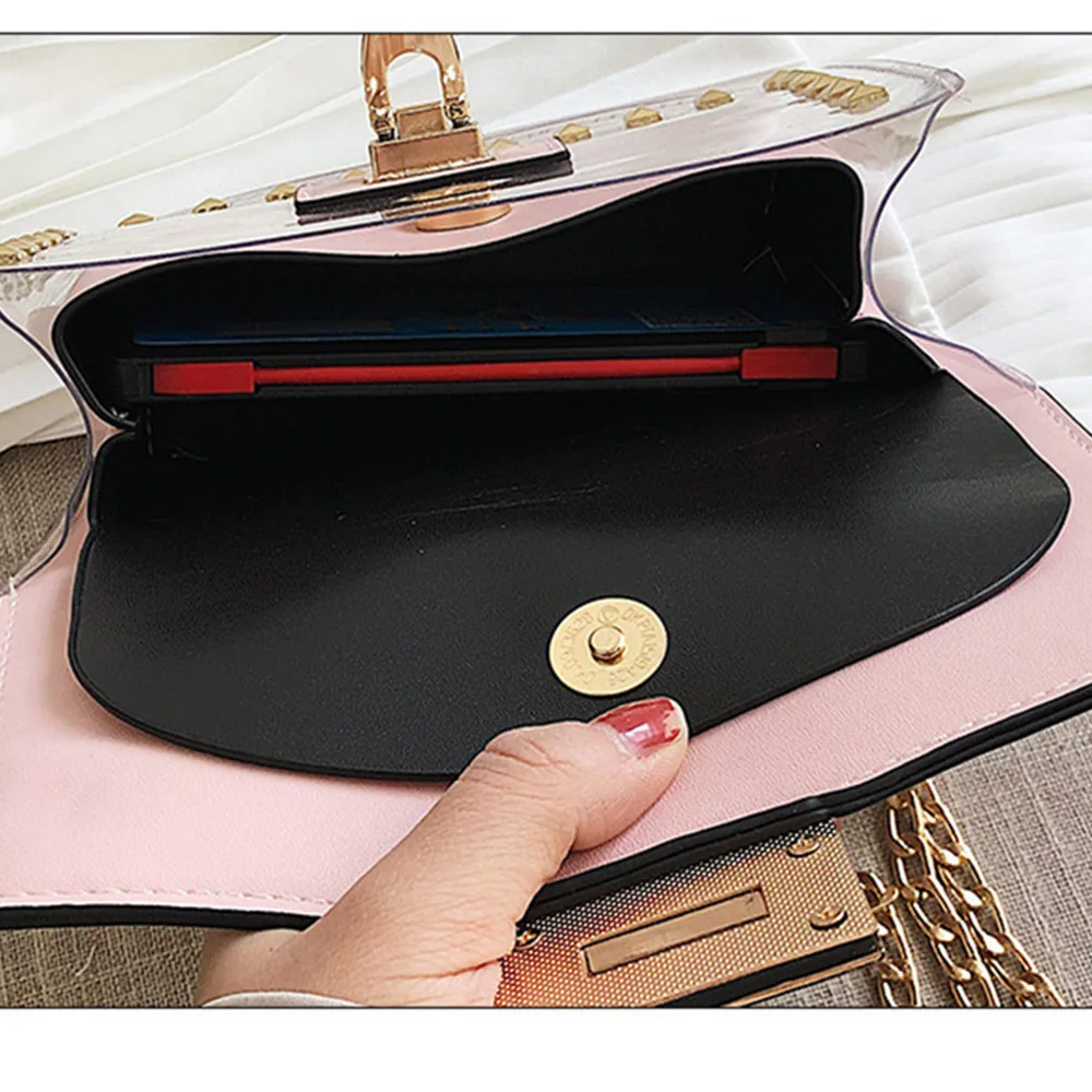Small Clear Cosmetic Bags Female PU Make Up Bags Women Fashion Rivets Transparent Cosmetic Shoulder Bag Travel Organizer