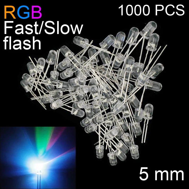 

1000PCS LED Diodes RGB Fast/Slow flashing Emitting High Quality 5MM Lot Transparent Cover Ultra Bright Wide Angle Bead Light