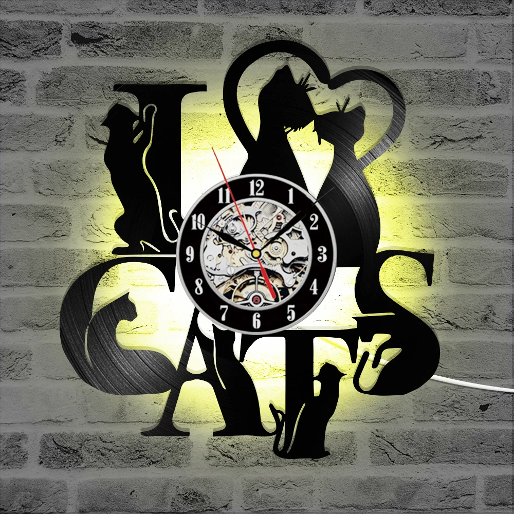 buy Art Silent Unique Vinyl Clock I Love Cats Record Wall Clock Kitten Decor Clock 3D Hanging CD Vintage LED Vinyl Clocks 7 Cats