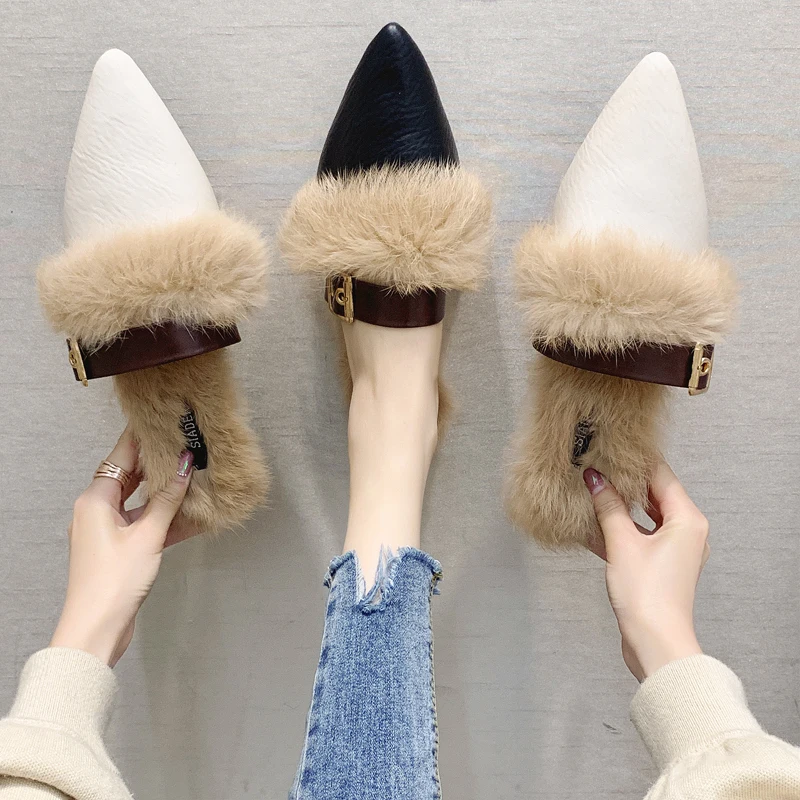 BeautyFeet/; женские летние меховые тапочки; женские плюшевые прозрачные сандалии из искусственного меха с квадратным носком; повседневные уличные шлепанцы на плоской подошве