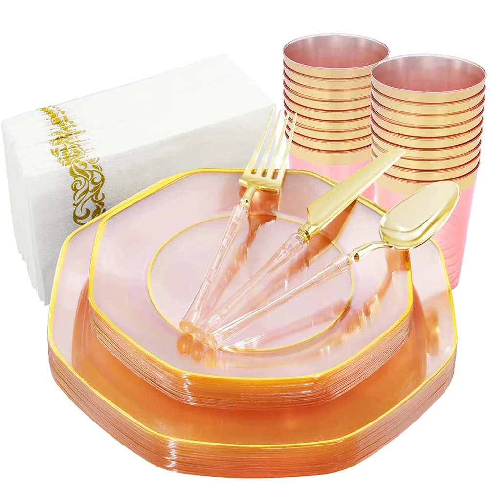 Disposable Party Cutlery Clear Pink Plastic Plate Gold Disposable Plastic Silverware Pink Cups and Napkins for 10 Guests