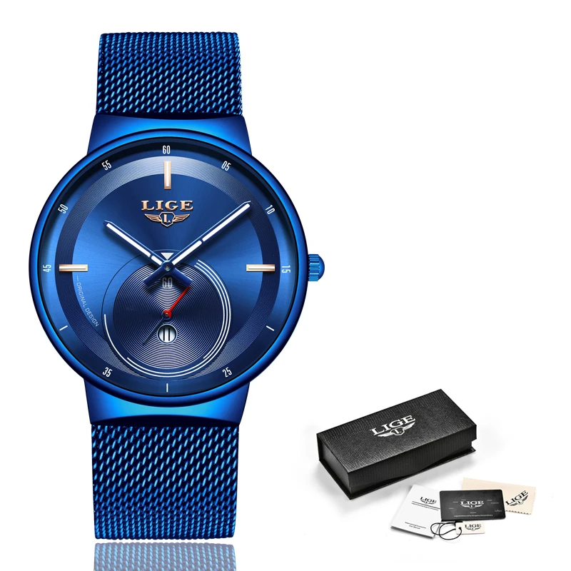 Новинка, дизайн, синие кварцевые часы LIGE, мужские часы, Топ бренд, роскошные часы, Мужские Простые полностью стальные водонепроницаемые наручные часы