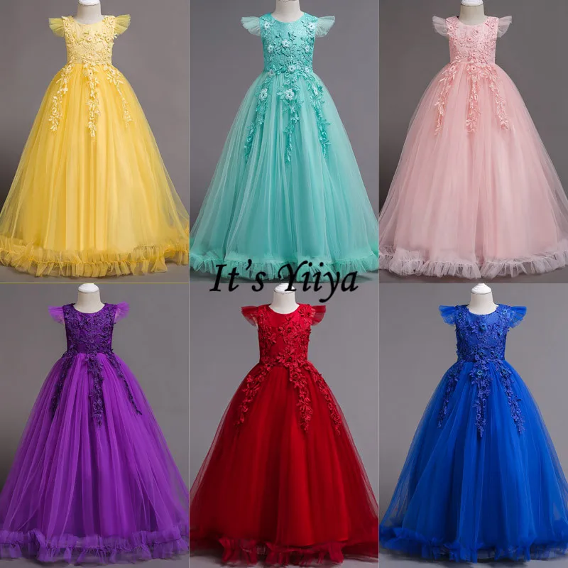 

It's YiiYa Flower Girl Dress 2019 First Communion Dresses For Girls Yellow Blue Green Red Elegant Long Christmas Ball Gowns 833