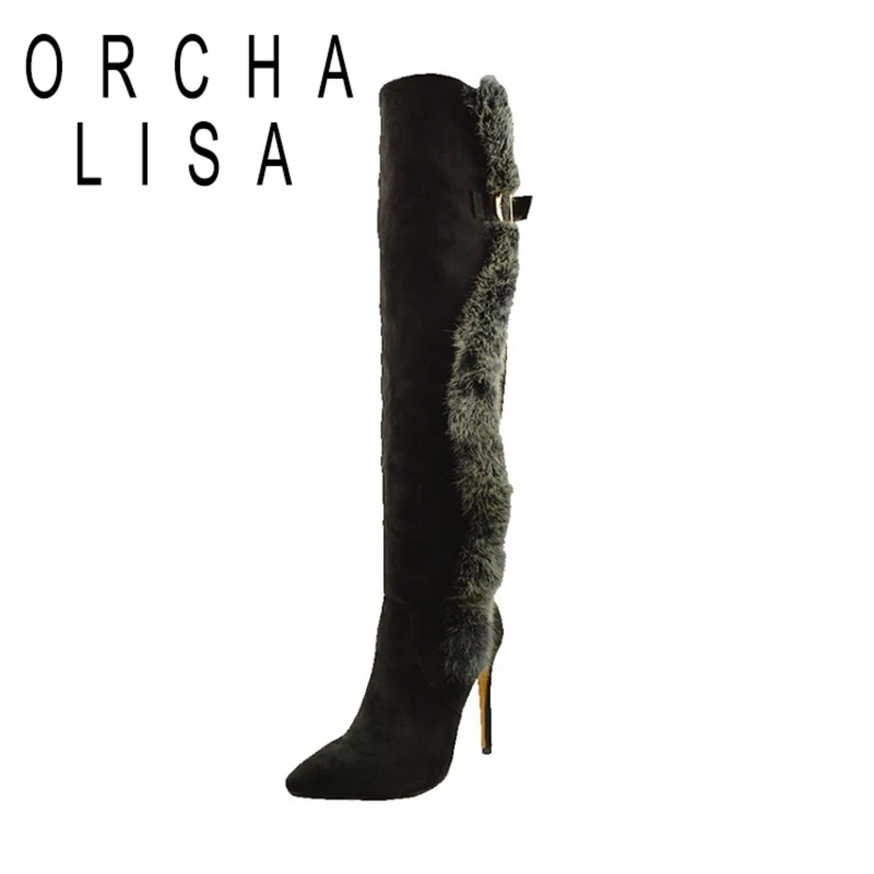 

ORCHA LISA Woman Winter over knee Boots Rabbit Fur Pull on Pointed Toe Stiletto Thin heels Zipper Bukle Big size 34-48 Party