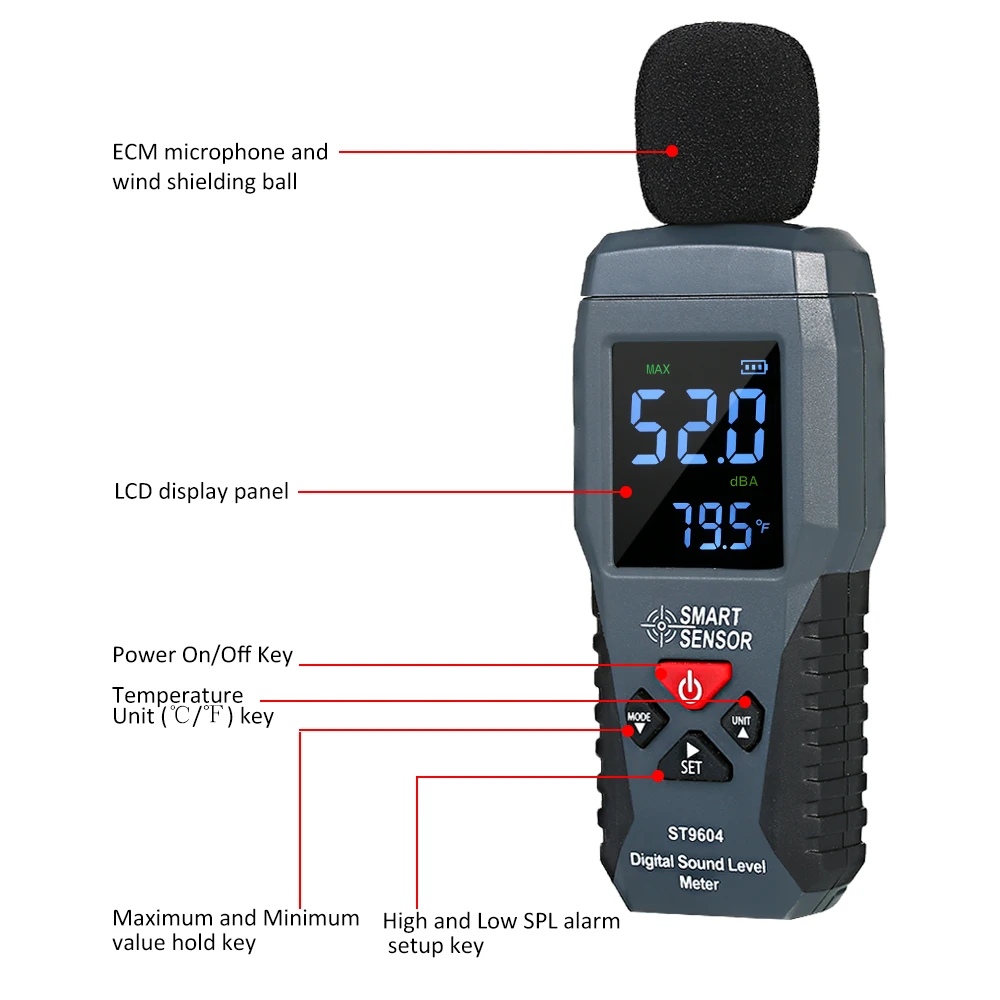 Умный датчик, цифровой измеритель уровня звука 30-130dBA, ЖК-дисплей, измеритель уровня шума, измерительный прибор, тестер децибел