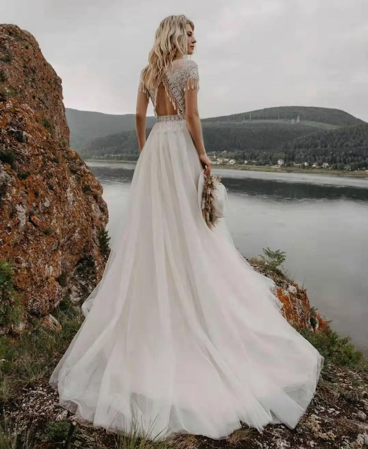 Vestido De Noiva богемное свадебное платье в стиле бохо кружевное платье с открытой спиной и короткими рукавами Тюлевое пляжное свадебное платье