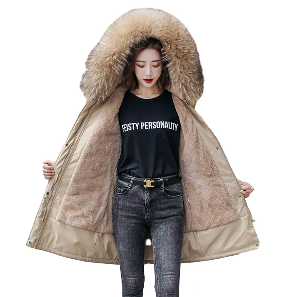 

2021 New Warm Fur Lining Long Parka Winter Jacket Women Clothing Plus Size 6XL Medium Long Hooded Winter Coat Women