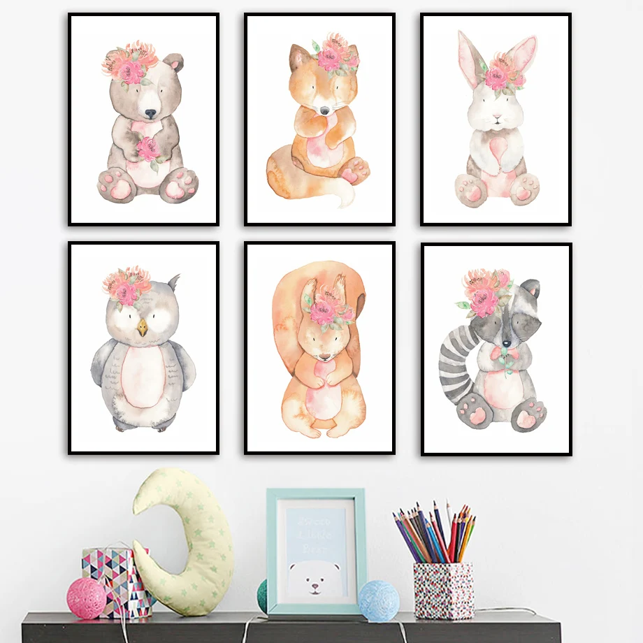 

Cute Rabbit Fox Squirrel Owl Raccoon Bear Wall Art Canvas Painting Nordic Posters And Prints Wall Pictures Baby Kids Room Decor