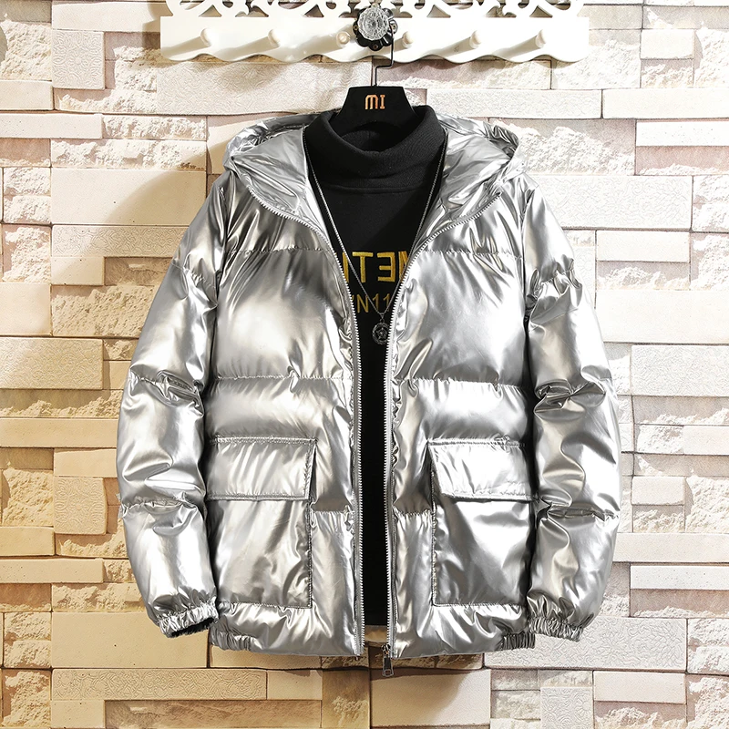 

Silver Bright Jacket Coat man Winter Warm Thick Cotton Padded Short Parkas Bread Style Fashion Men's Bomber Hooded Outwear 5XL