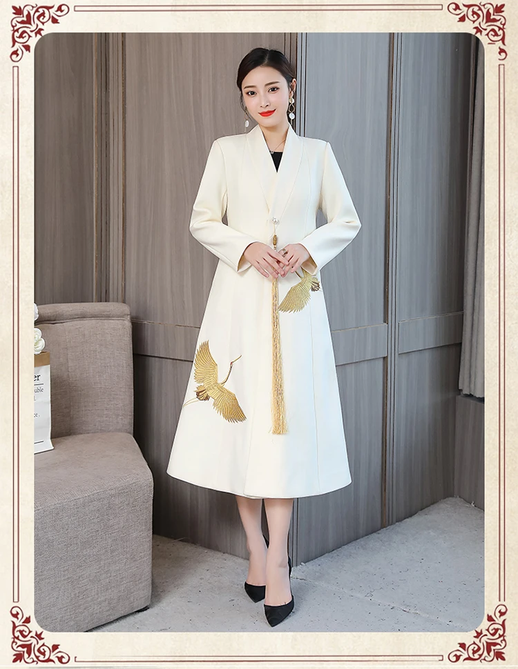 Осенне-зимние женские пальто, модный Тренч, пальто с вышивкой и v-образным вырезом, серое шерстяное пальто, женское длинное пальто, корейские женские топы mujer