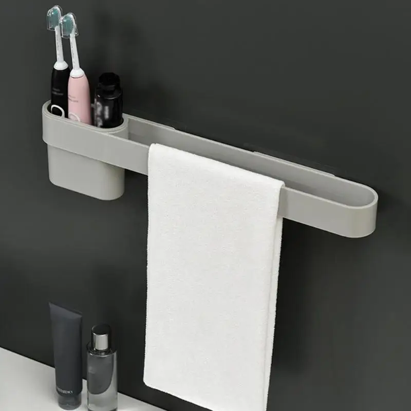 No-drilling Tower Toothbrush Holder Work Exquisite Atmosphere Multifunctional Rail Bar Rack Bathroom Storage Wall Hanger - Color: Gray