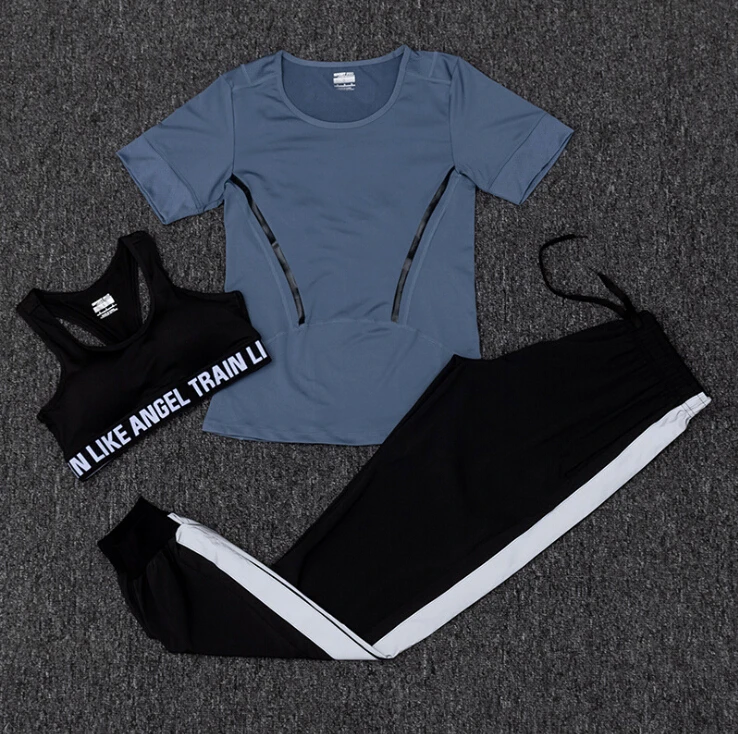 Hot sale women quick dry yoga sets fitness gym 2/3 piece set t shirt+bra+pants outdoor sports running clothes training suit sets - Цвет: 3 piece set h