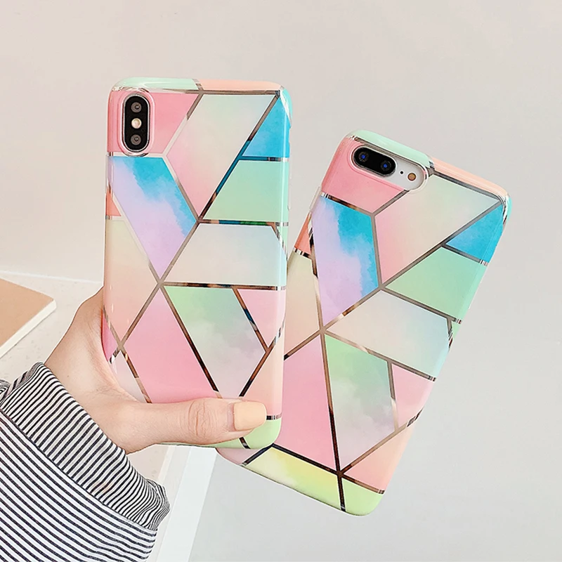 

Colorful Marble Case For iPhone 11 Pro Max XR XS Max Soft IMD Geometric Electroplate Back Cover For iPhone 11 Pro 6 6S 7 8 Plus