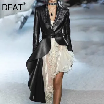 

DEAT 2020 new turn-down collar full sleeves asymmetrical bottoms PU leather waist belts female trench autumn coat WJ86104L