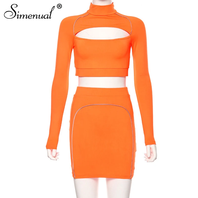 Simenual спортивный Светоотражающий Комплект в полоску, женский модный комплект из 2 предметов для фитнеса, короткий топ и юбка с длинным рукавом - Цвет: orange
