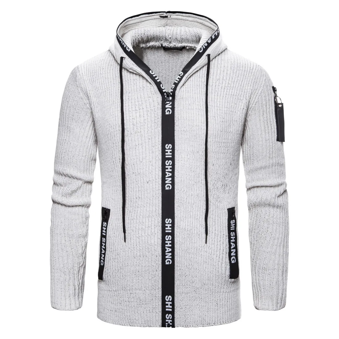 Men Sweater Autumn New Men's Slim Knit Cardigan with Zipper and Cap Men's Sweater