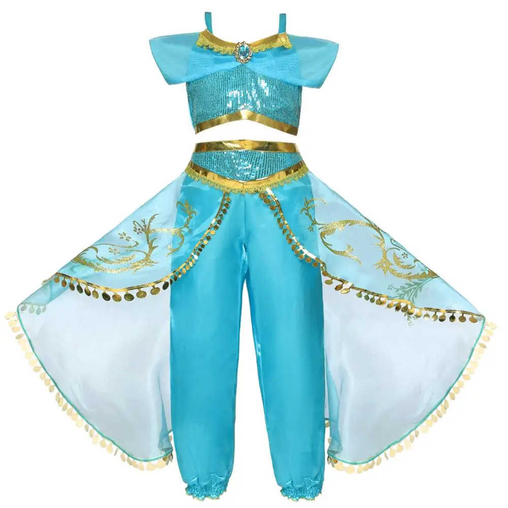

2019 Halloween Cosplay Costumes Baby Girls Sequin Tops+pants 2pcs Children Clothes Set Princess Aladdin Cosplay Party Clothing