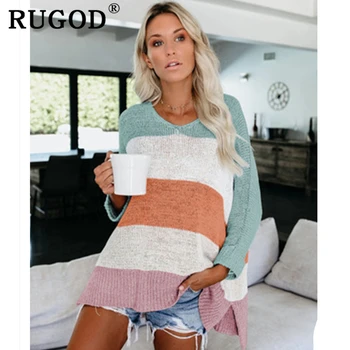 

RUGOD 2019 Vintage stripe patchwork knitted sweater women Fashion loose casual pullovers female Plus size split auturm sweaters