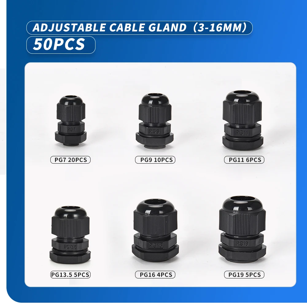 CG 50PCS Waterproof Cable Gland PG7 PG9 PG11 PG13.5 PG16 PG19 Plastic Black Cable Fixing Joint With Gasket Range For 3-15mm Set
