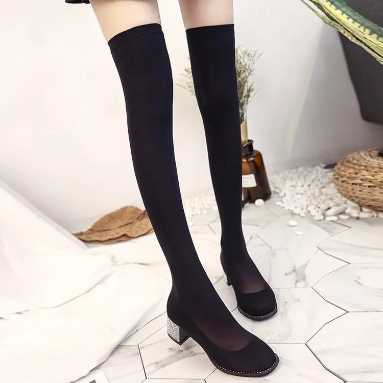 Slim Over The Knee Boots Women Sexy Elastic Sock Thigh High Boot Ladies Stretch Fabric Round Toe High Heel Shoes Woman