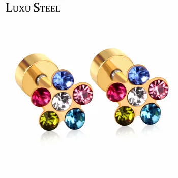 LUXUSTEEL safety Flower Earrings BabyGirl Jewelry Stainless Steel Colorful CZ Small Nickel Free Earrings Stud Brinco aretes