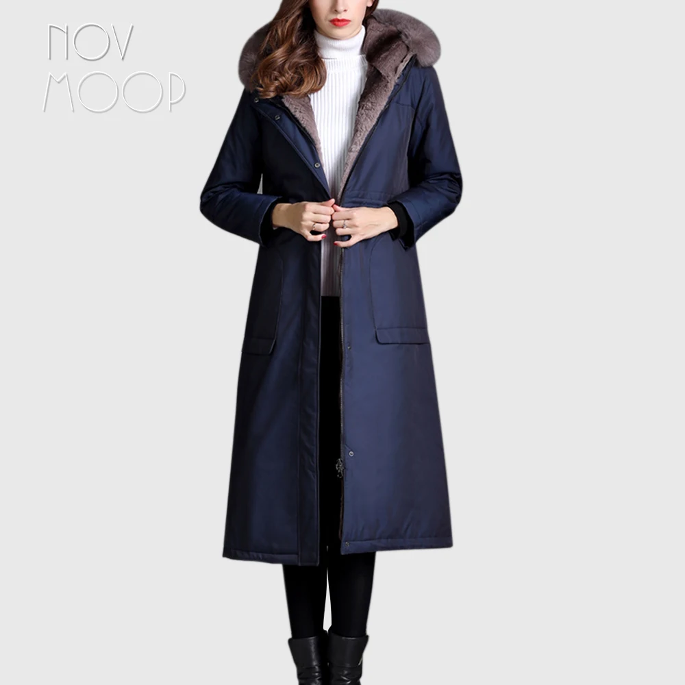 

Novmoop Korean casual long style winter heavy warm double-face real fur collar women jacket with liner retachable capa LT2818