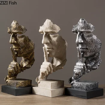 

Silence Is Golden Human Face Resin Figurines Ornaments Office Study Desk Decoration Silver Statuette Crafts American Home Decor