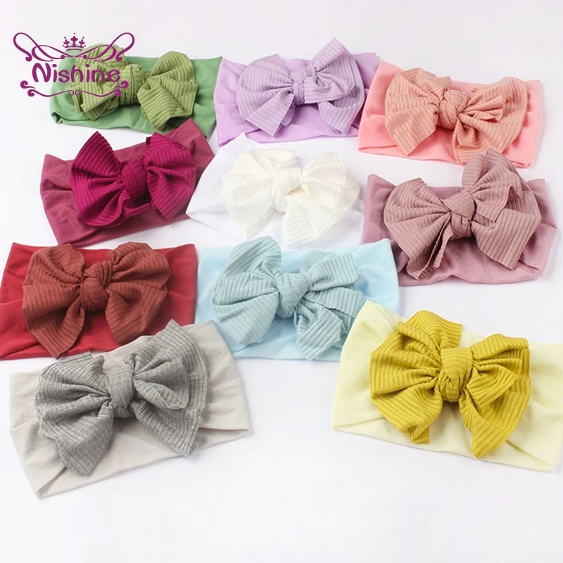 

Nishine однотонные Цвет полосатый бант для маленьких девочек эластичная широкая повязка на голову модная ручной работы с бантом для младенцев нейлоновая повязка подарки на день рождения