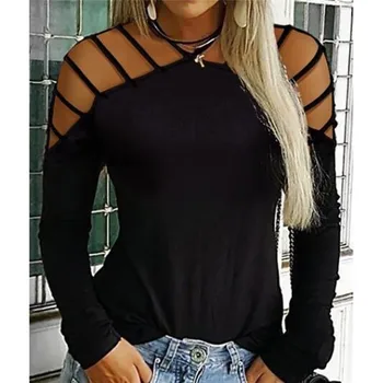 

2020 Fashion Autumn Womens T-Shirts Tops Casual Choker Neck Solid Color Tops T-Shirts Loose Cold Shoulder Long Sleeve T-Shirts