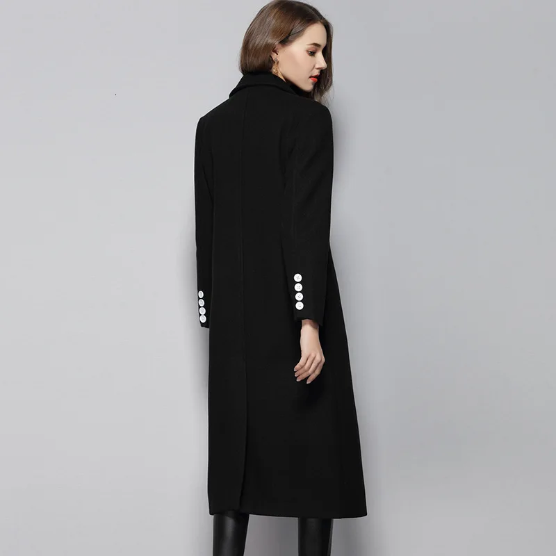 

Double Breasted Wool Blends Women Elegant High Quality Solid Black Suit Collar Woolen Long Coats Female Casual Thicken Jackets