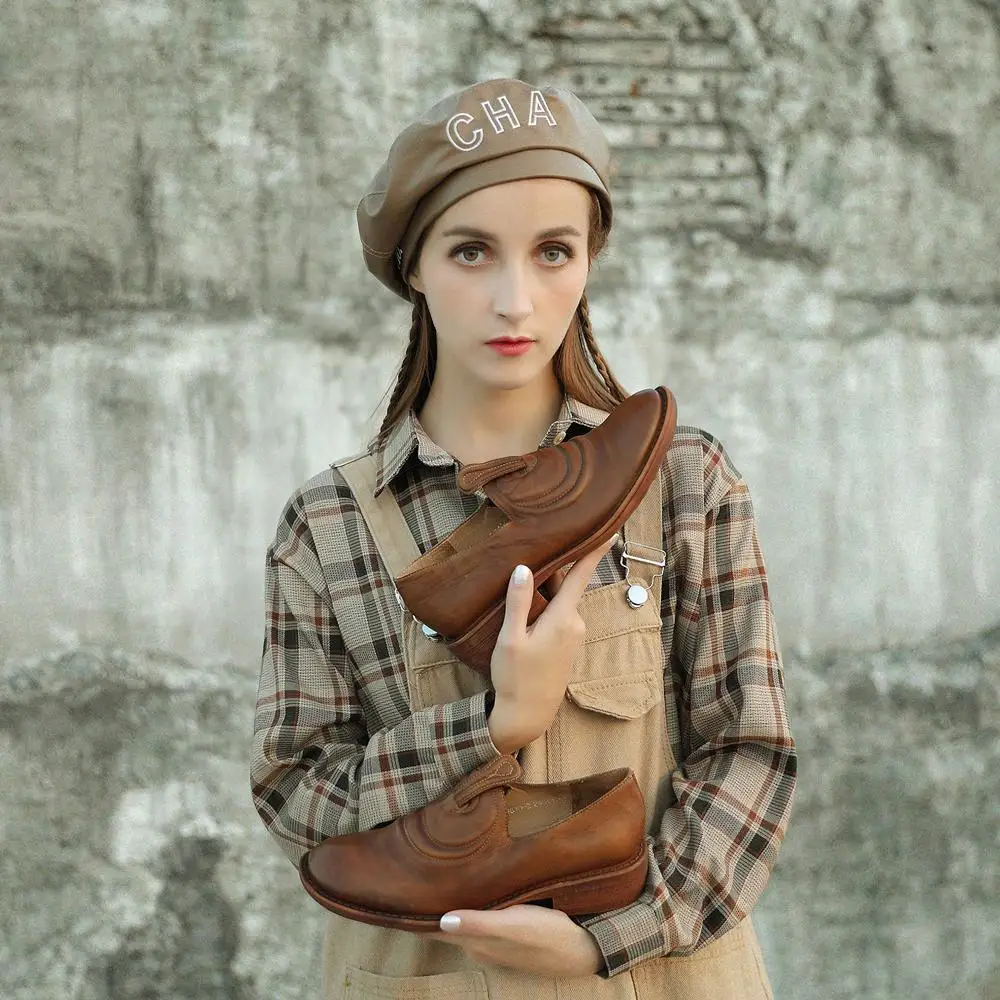 Коричневые кожаные туфли ручной работы для женщин Лоферы в ретро-стиле обувь