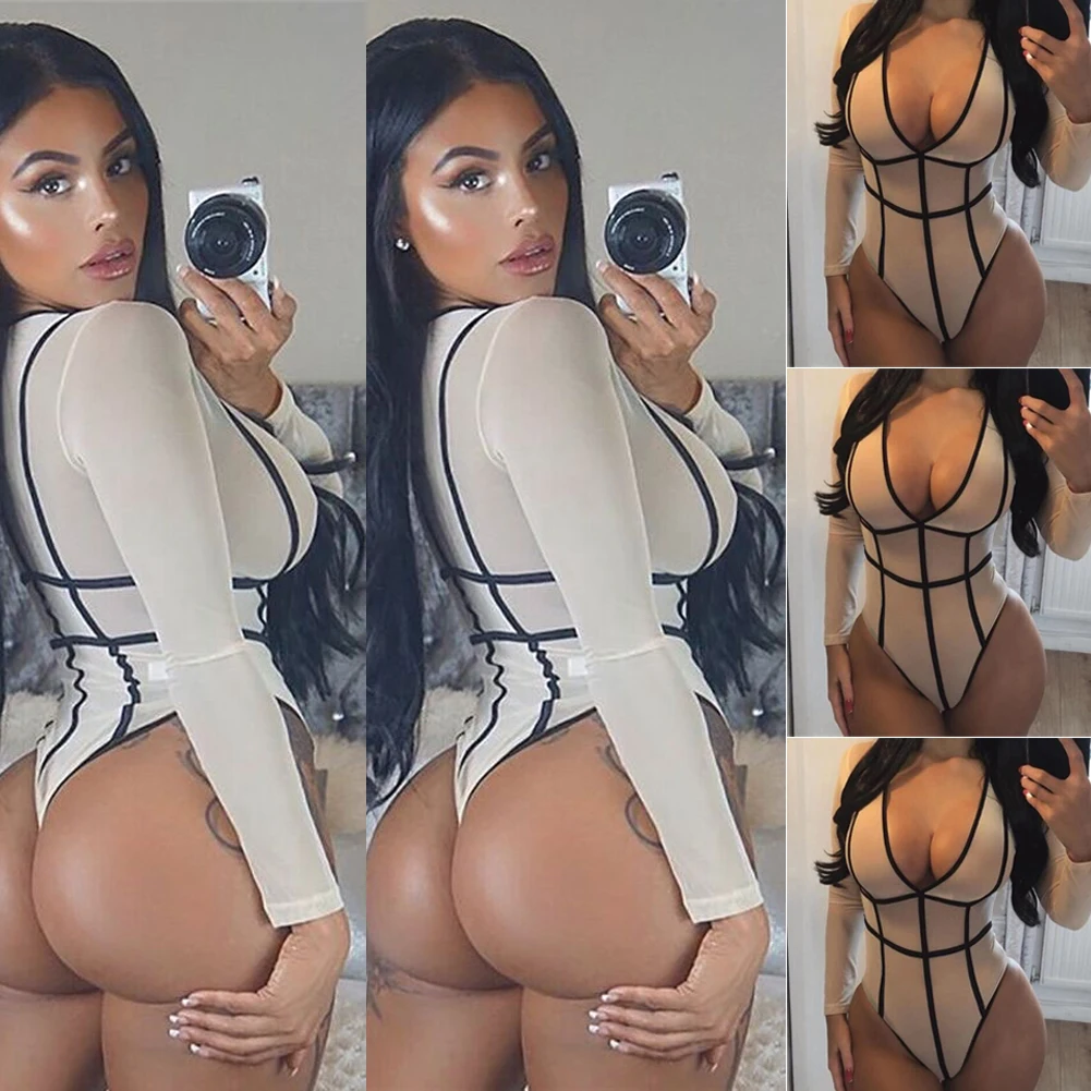 Пикантные Для женщин боди модные обтягивающие, в полоску Облегающая белая полупрозрачная кружева полосатый принт комбинезон с длинным рукавом топ-боди