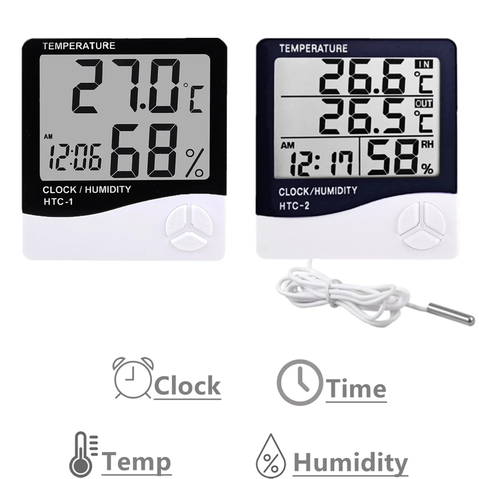 HTC-1 Digital LCD Hygrometer Thermometer Indoor Room Desktop Wall Mounted Temperature  Humidity Meter Gauge with Alarm Clock - AliExpress