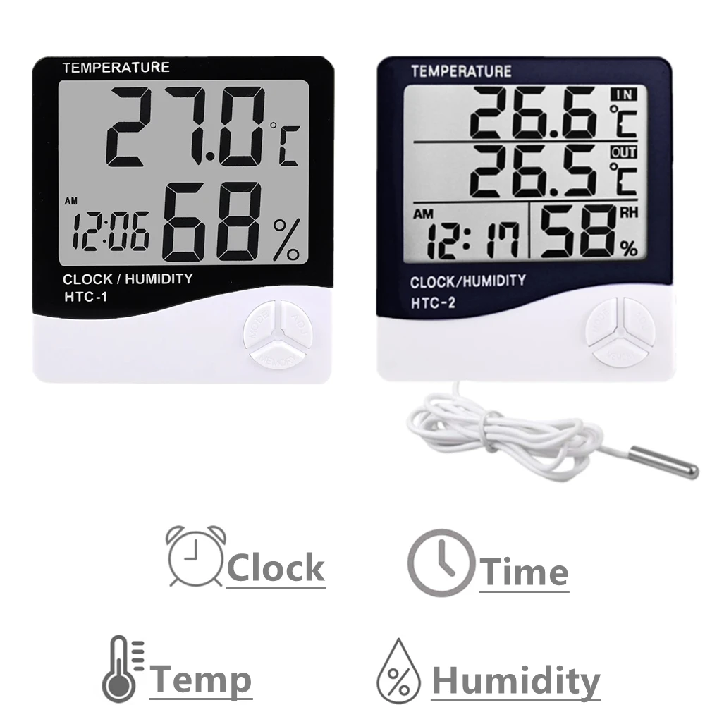 HTC-2 Digital Thermometer Hygrometer Weather Station Temperature Humidity Meter Clock Wall Indoor Outdoor Sensor Probe LCD 