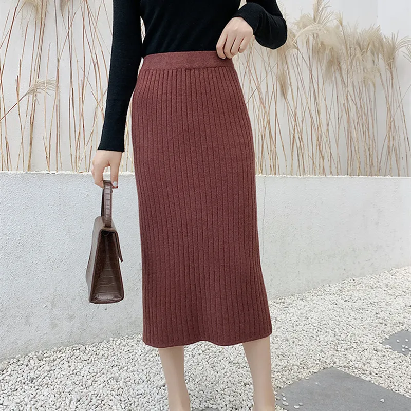 Fdfklak, тонкие вязаные юбки, Осень-зима, женские юбки, новинка, высокая талия, облегающая юбка, шерсть, раздельная, один шаг, Женская юбка с карманом