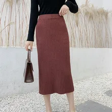 Fdfklak, тонкие вязаные юбки, Осень-зима, женские юбки, новинка, высокая талия, облегающая юбка, шерсть, раздельная, один шаг, Женская юбка с карманом