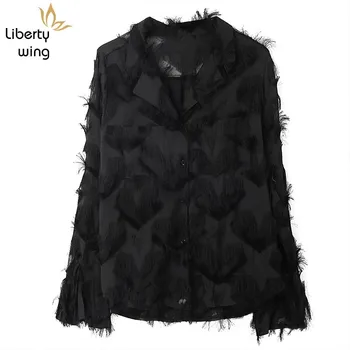 

Vintage Spring New Mens Fluffy Long Stage Show Casual Loose Hot Sexy See Through Tassels Shirts Harajuku Male Tops