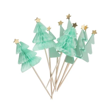 

10pcs 3D Green Christmas Tree Honeycomb Picks Xmas Series Sticks Art Toothpicks Cupcake/Fruit/Ice cream Toppers Party Decor