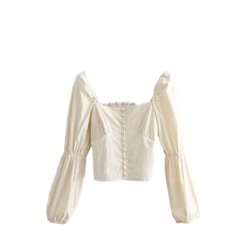 

Women Tops Backless Slim Square Collar Puff Long Sleeve Solid Buttons Retro Basic Blouse