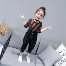 Wechat/деловые джинсы с лямками на плечах для девочек; ковбойские подтяжки; брюки+ Базовая рубашка в полоску; INS; детская одежда