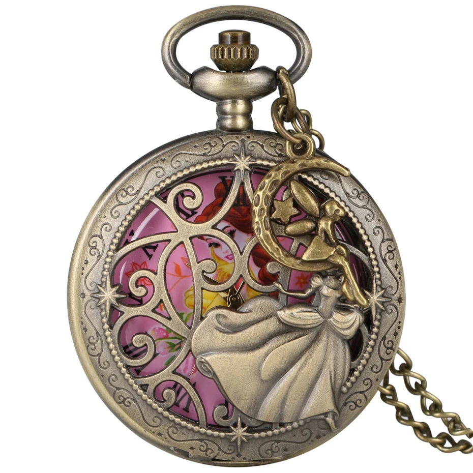 Fairy Dancing Lovely Princess Quartz Pocket Watch Exquisite Necklace Bronze Necklace Watch for Girl Women with Angel Accessory