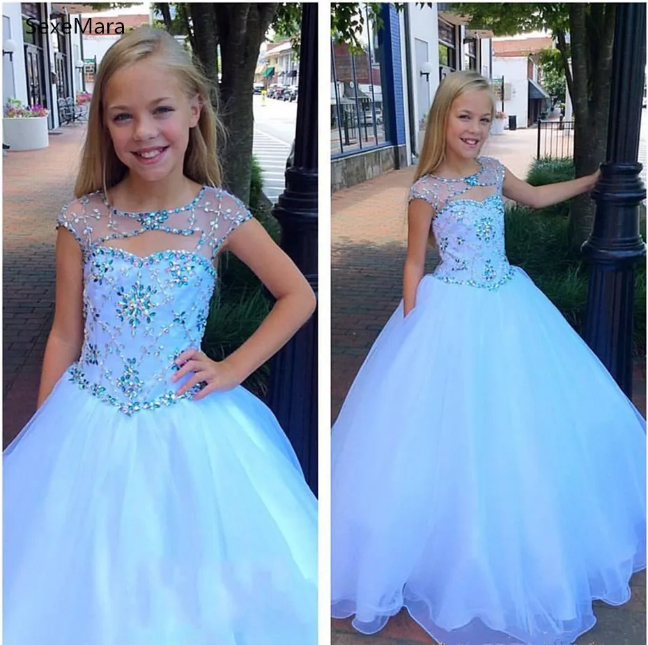 Nieuwe Meisjes Kleding met Kapmouwtjes Volledige Lengte Kralen Kristallen Organza Pageant Jurk Bloem Meisjes Jurken Custom Made