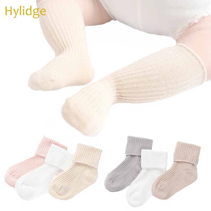 Hylidge/однотонные гольфы для детей хлопковые носки для маленьких девочек весенне-осенние высокие носки для малышей теплые детские носки